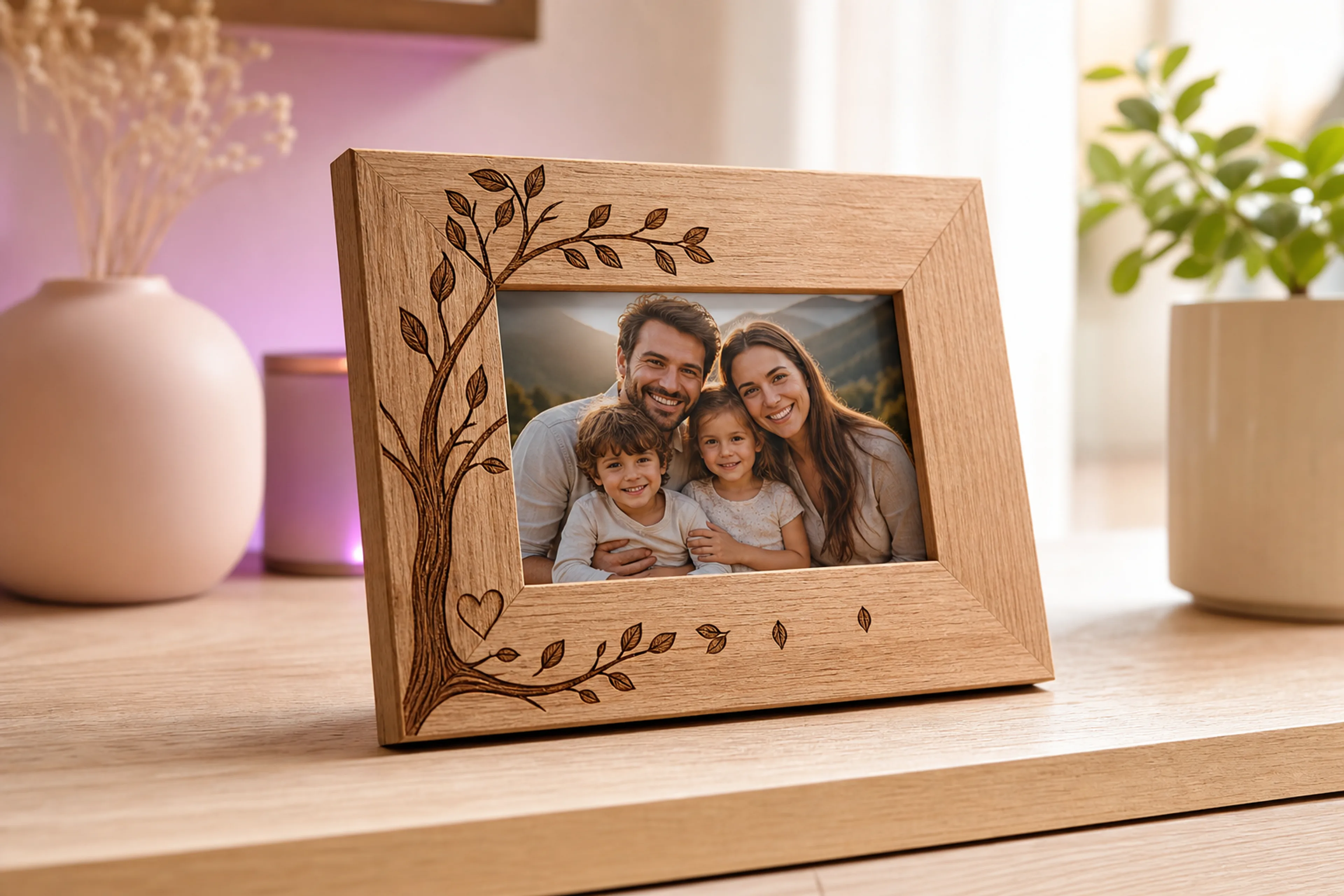 Wooden photo frame with laser engraving and cherished memories