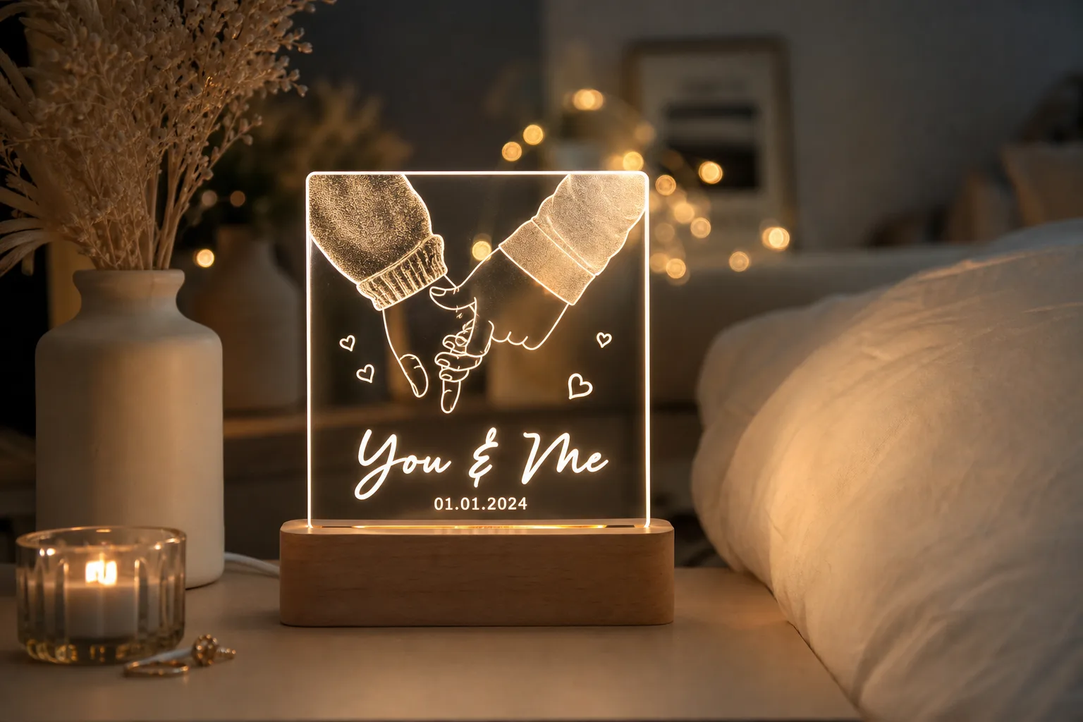 Custom photo LED lamp glowing softly on a nightstand