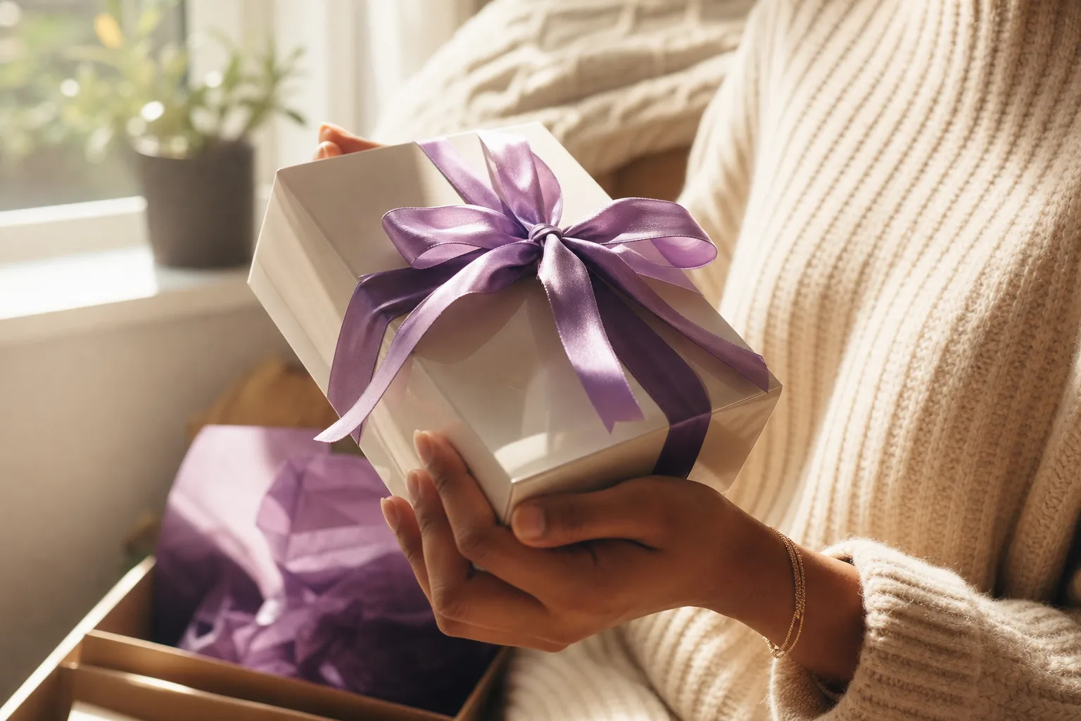 Hands unwrapping a beautifully packaged custom gift